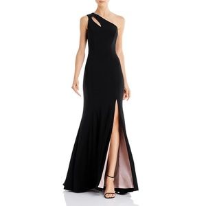 Aqua one shoulder gown with side slit in black nude sz 4